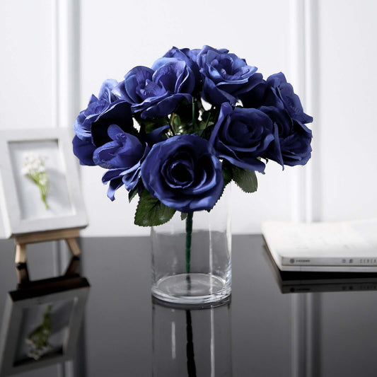 12" Navy Blue Artificial Velvet - Like Fabric Rose Flower Bouquet Bush - NestOCart
