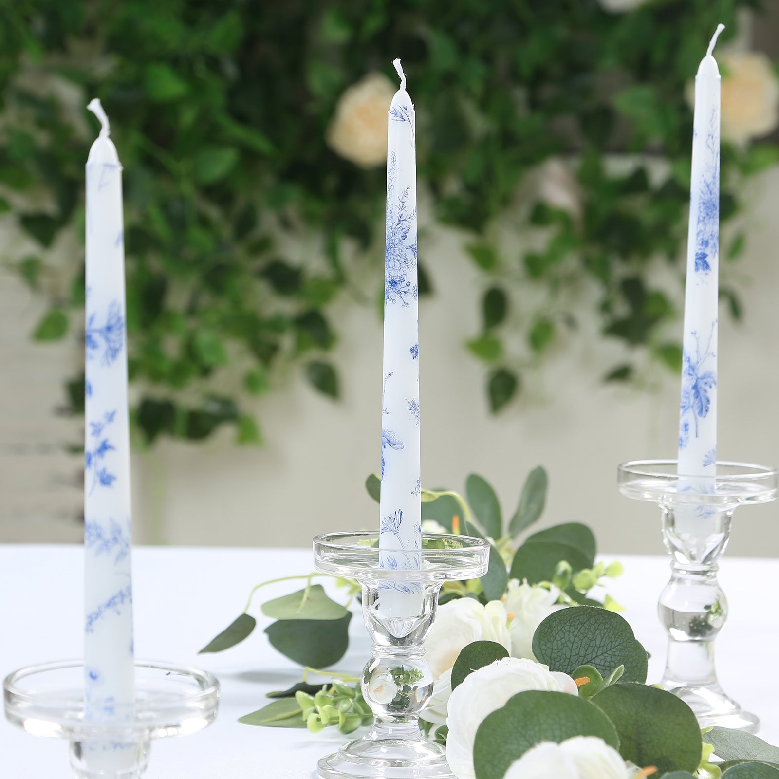 12 Pack 10" French Toile Wax Taper Candles White and Blue Unscented Candles - Bell Racket Store