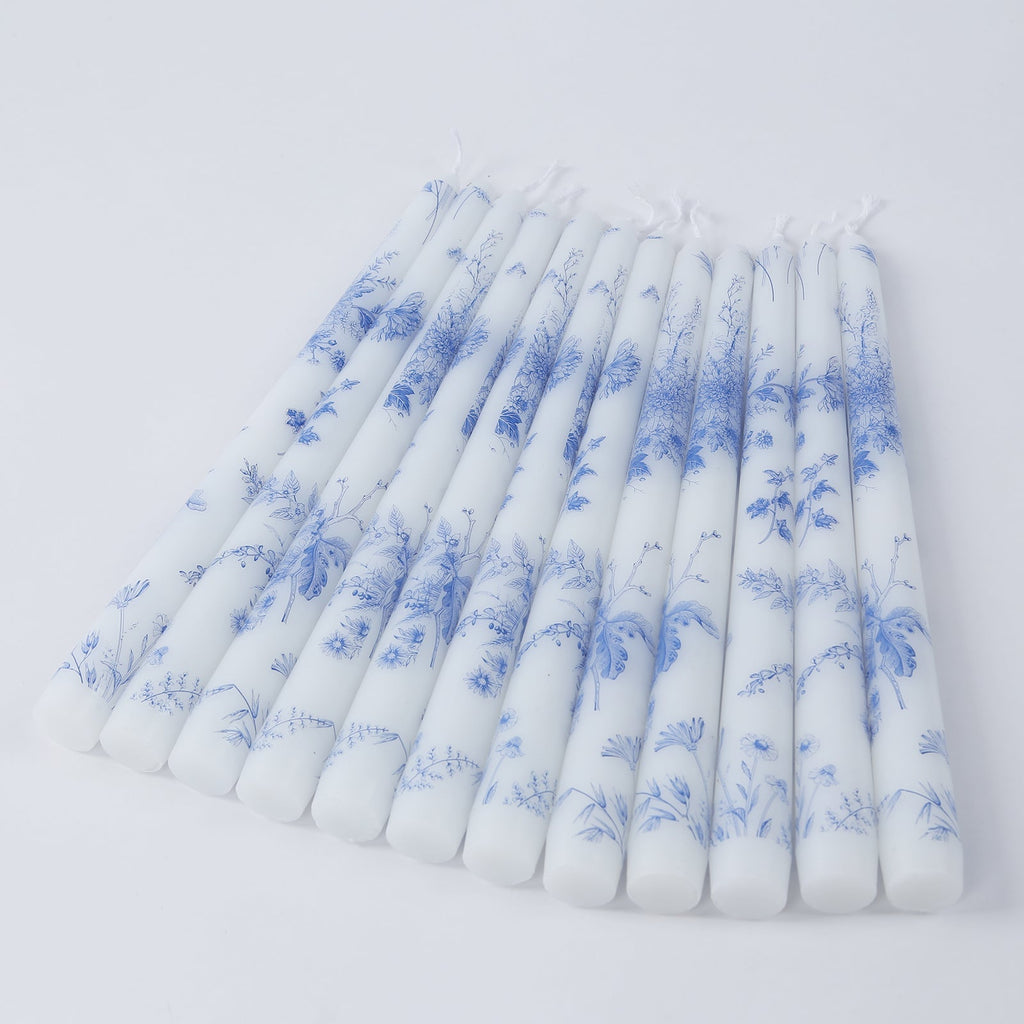 12 Pack 10" French Toile Wax Taper Candles White and Blue Unscented Candles - Bell Racket Store