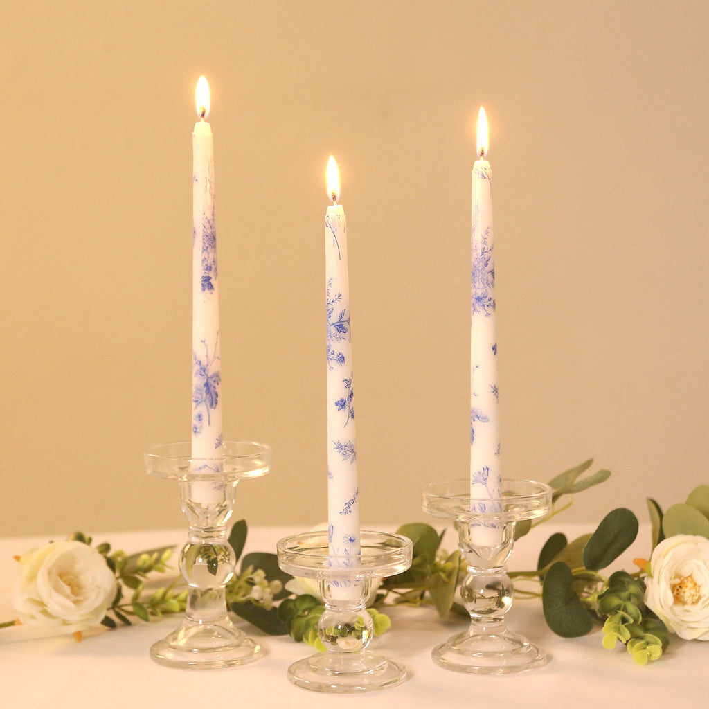 12 Pack 10" French Toile Wax Taper Candles White and Blue Unscented Candles - Bell Racket Store