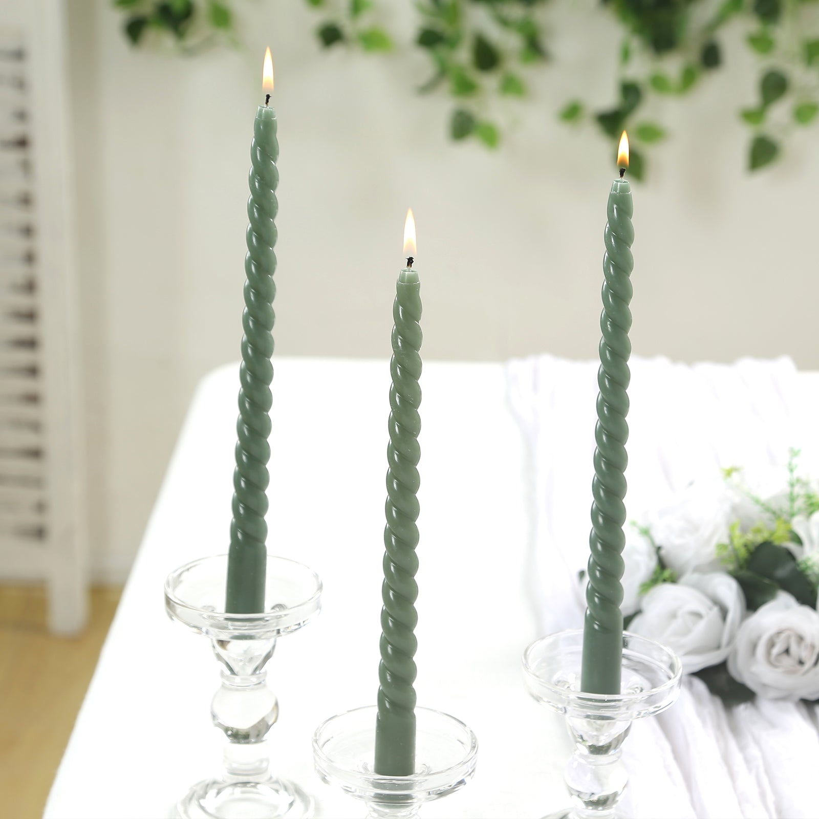 12 Pack 11" Dusty Sage Green Premium Unscented Spiral Wax Taper Candles, Long Burn Wick Dinner Candle Sticks - Bell Racket Store