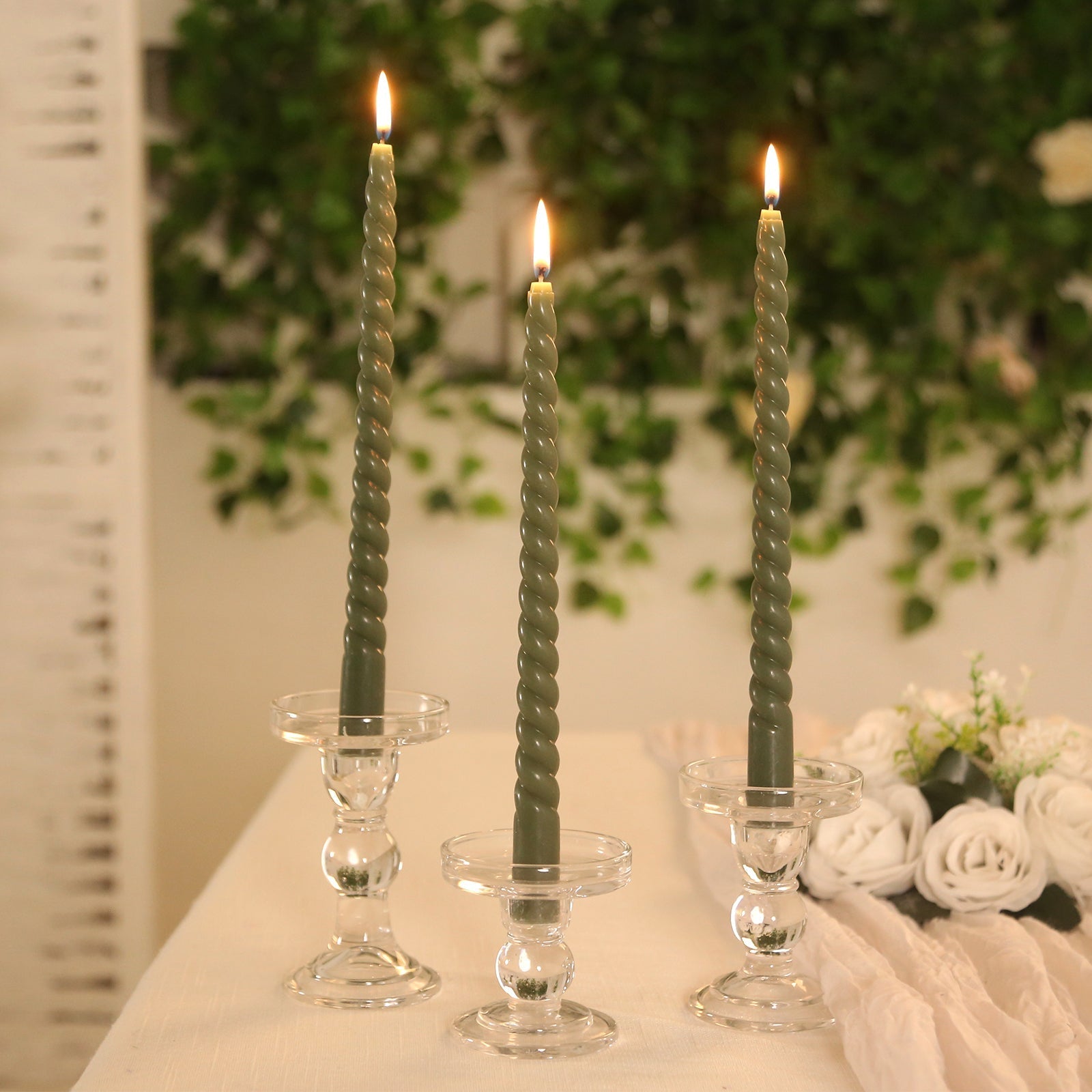 12 Pack 11" Dusty Sage Green Premium Unscented Spiral Wax Taper Candles, Long Burn Wick Dinner Candle Sticks - Bell Racket Store