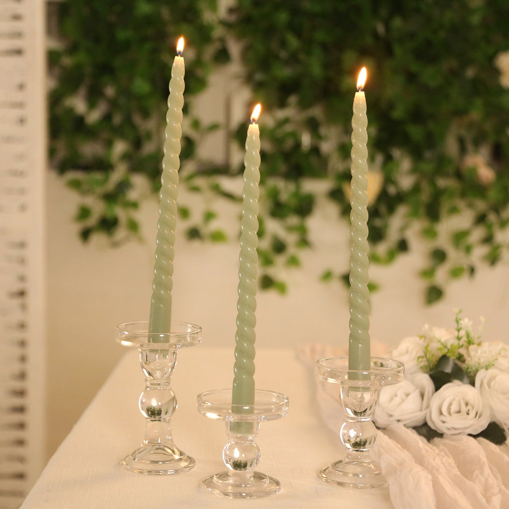 12 Pack 11" Sage Green Premium Unscented Spiral Wax Taper Candles, Long Burn Wick Dinner Candle Sticks - Bell Racket Store