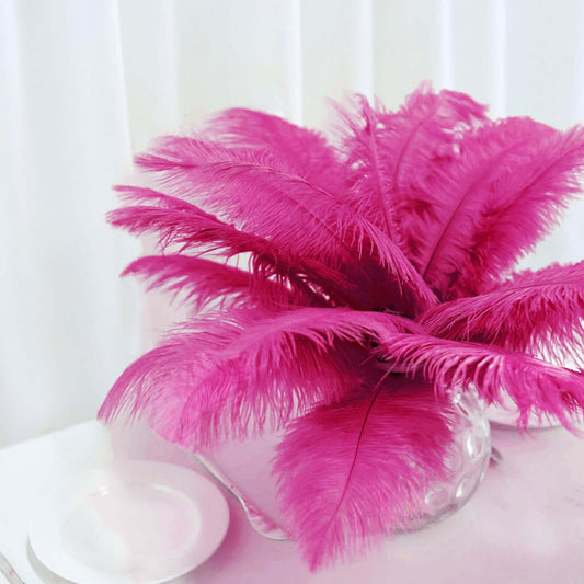 12 Pack 13" - 15" Fuchsia Natural Plume Real Ostrich Feathers, DIY Centerpiece Fillers - NestOCart