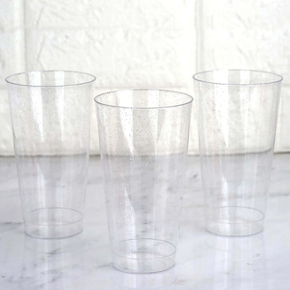 12-Pack Plastic Party Cups Clear Silver Glitter - Durable Disposable Tumblers for Drinks 17oz 6"
