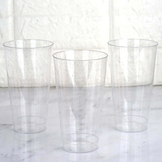 12-Pack Plastic Party Cups Clear Silver Glitter - Durable Disposable Tumblers for Drinks 17oz 6"