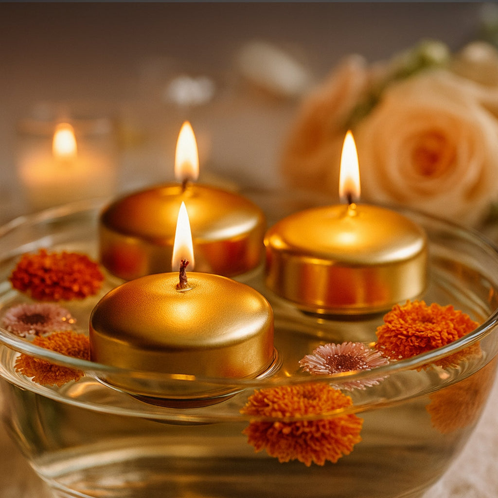 12 Pack 2" Metallic Gold Floating Candles â€“ Unscented Dripless Long - Lasting Disc Wax Candles for Weddings & Table DÃ©cor - Bell Racket Store