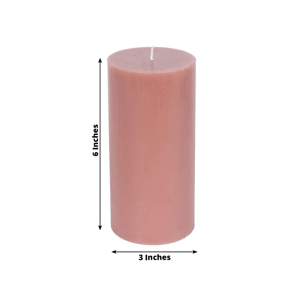 12 - Pack 3"x6" Unscented Dripless Pillar Candles â€“ Dusty Rose Long - Burning Paraffin Wax with Cotton Wicks - Bell Racket Store