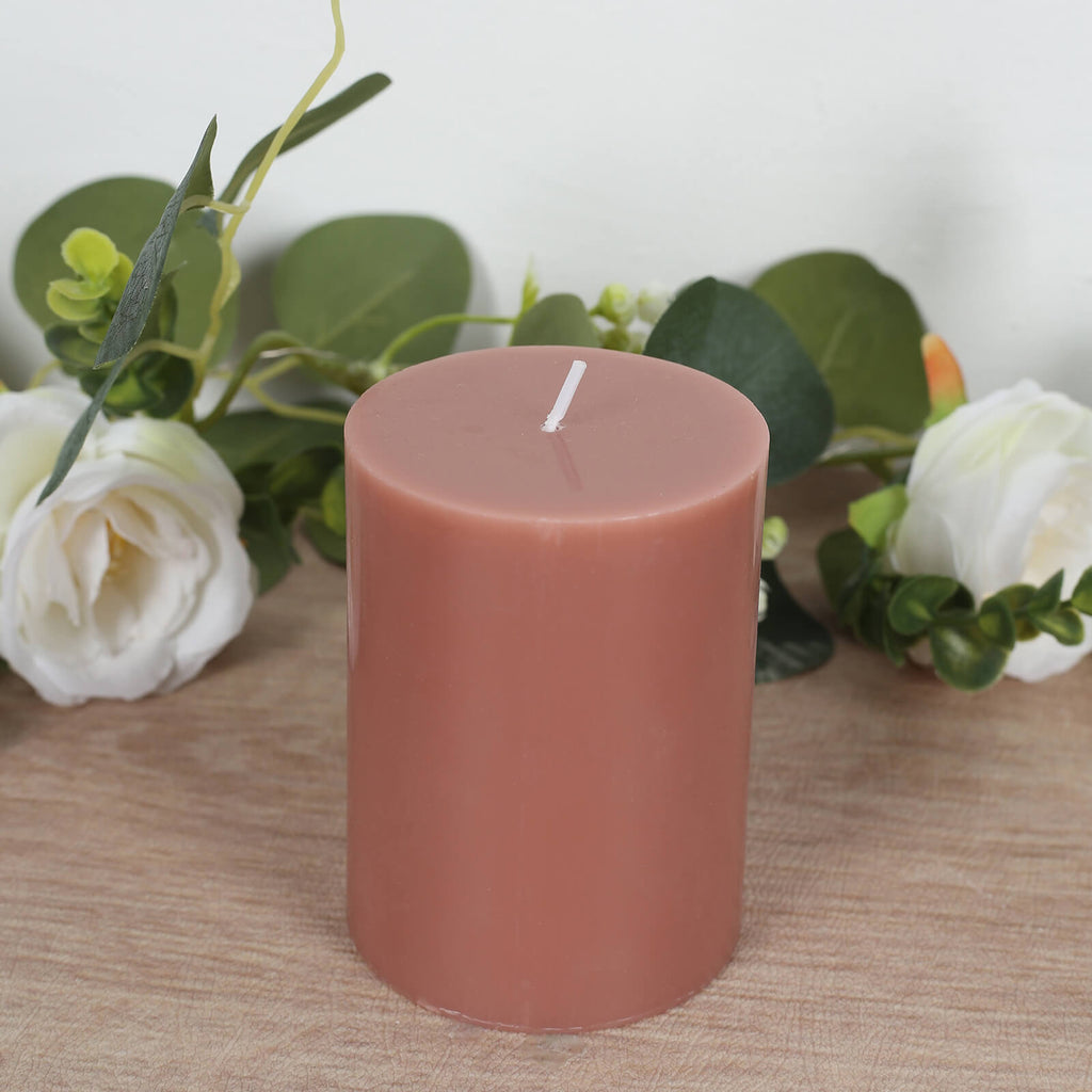 12 - Pack 3"x6" Unscented Dripless Pillar Candles â€“ Dusty Rose Long - Burning Paraffin Wax with Cotton Wicks - Bell Racket Store