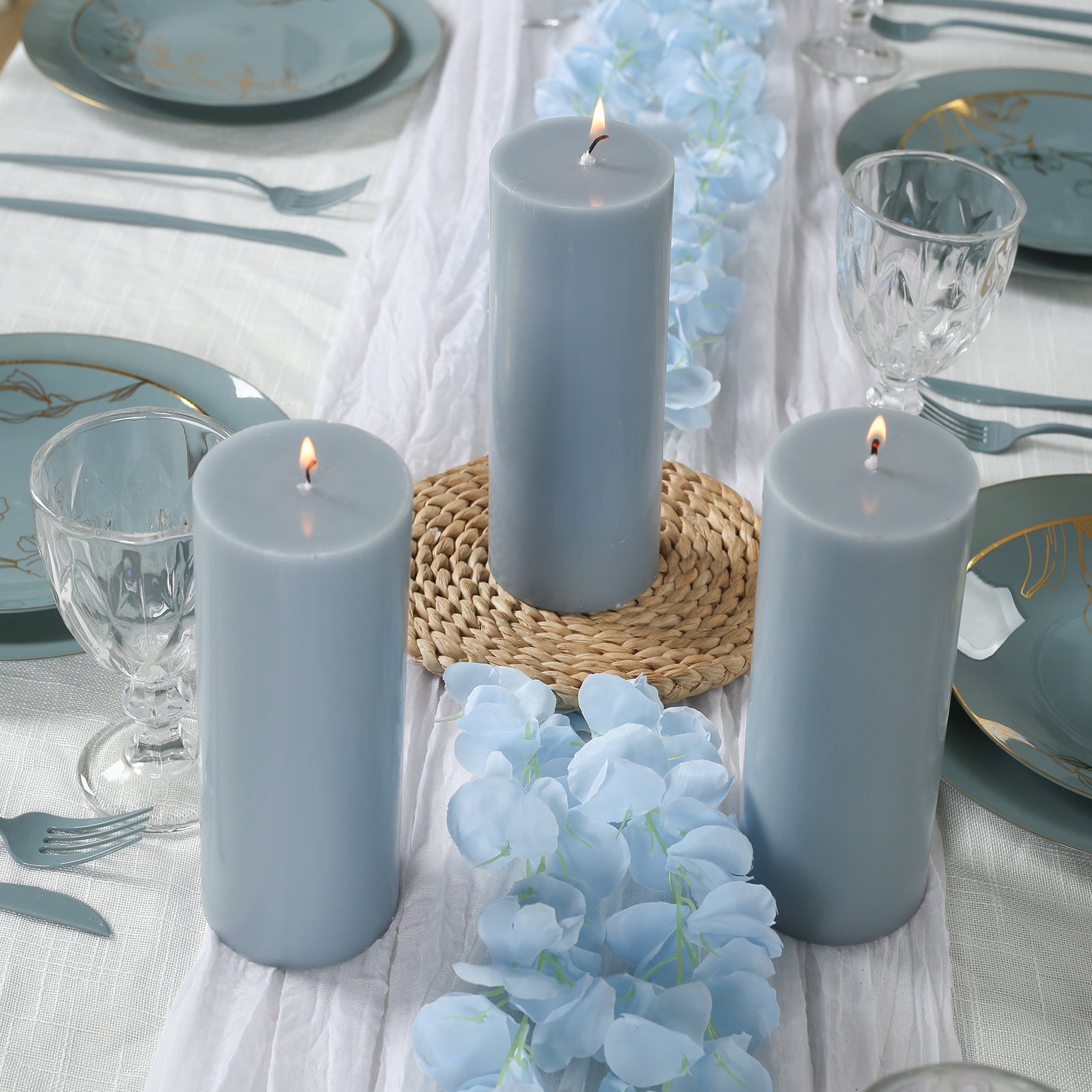 12 - Pack 3"x8" Unscented Dripless Pillar Candles â€“ Dusty Blue Long - Burning Wax Candles with Cotton Wicks for Home, Weddings & Event Decor - Bell Racket Store