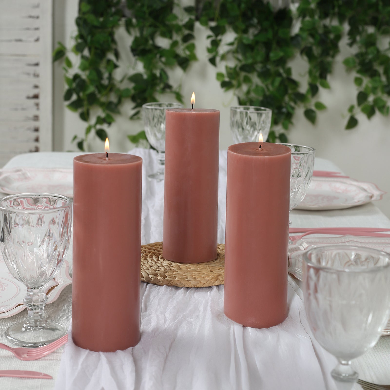12 - Pack 3"x8" Unscented Dripless Pillar Candles â€“ Dusty Rose Long - Burning Wax Candles with Cotton Wicks for Home, Weddings & Event Decor - Bell Racket Store