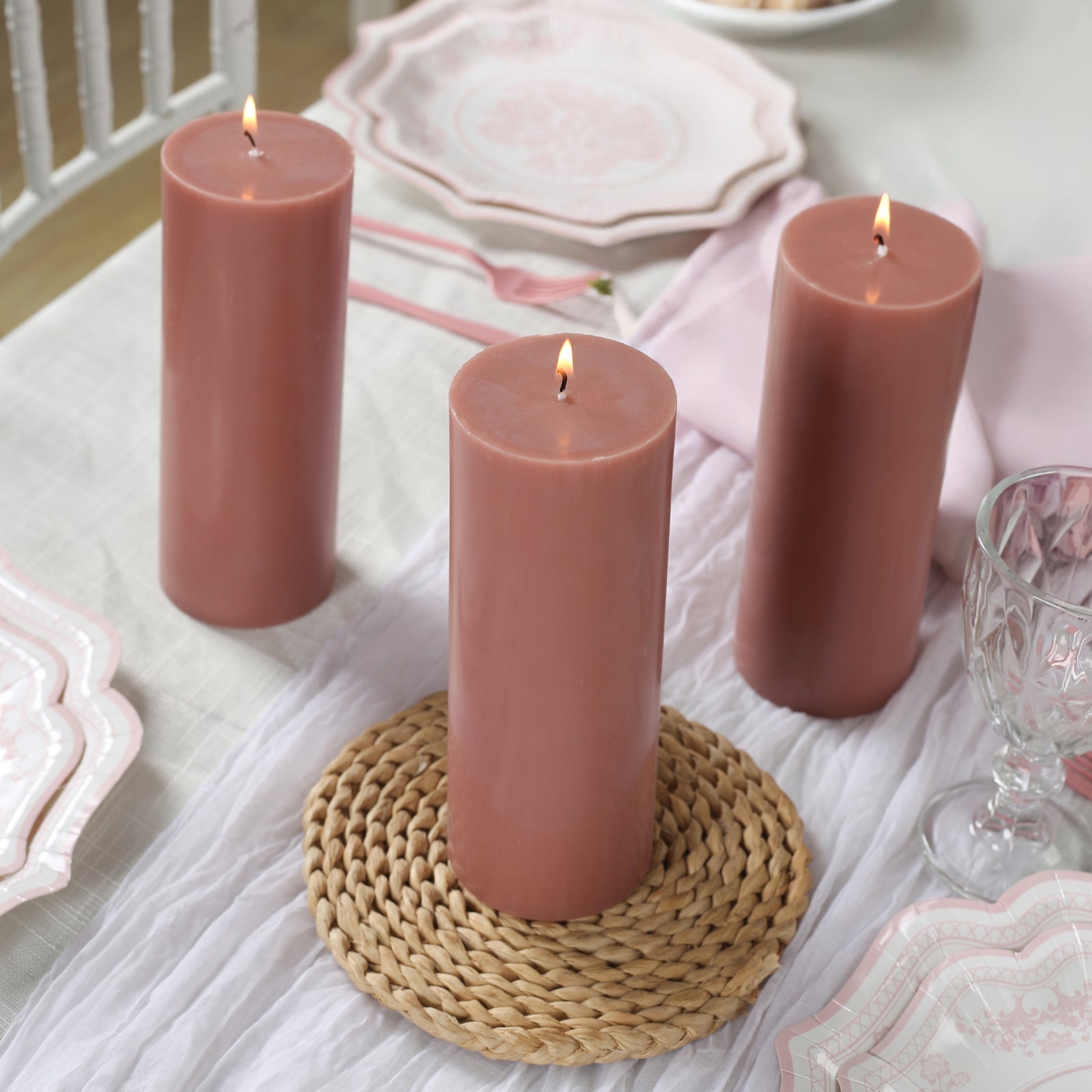 12 - Pack 3"x8" Unscented Dripless Pillar Candles â€“ Dusty Rose Long - Burning Wax Candles with Cotton Wicks for Home, Weddings & Event Decor - Bell Racket Store