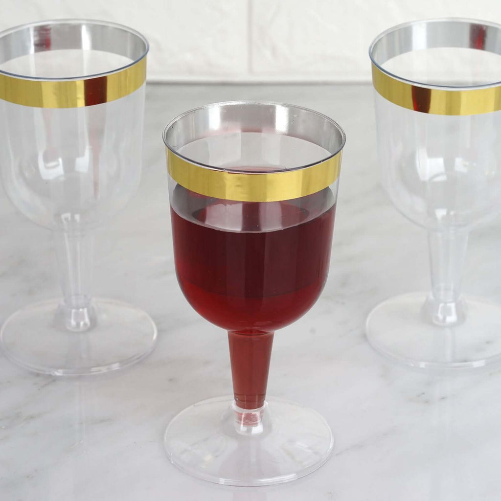 12-Pack Plastic Short Stem Wine Glasses Clear/Gold Rim - Stylish Disposable Drinkware 6oz