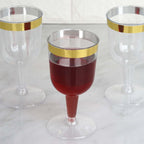 12-Pack Plastic Short Stem Wine Glasses Clear/Gold Rim - Stylish Disposable Drinkware 6oz