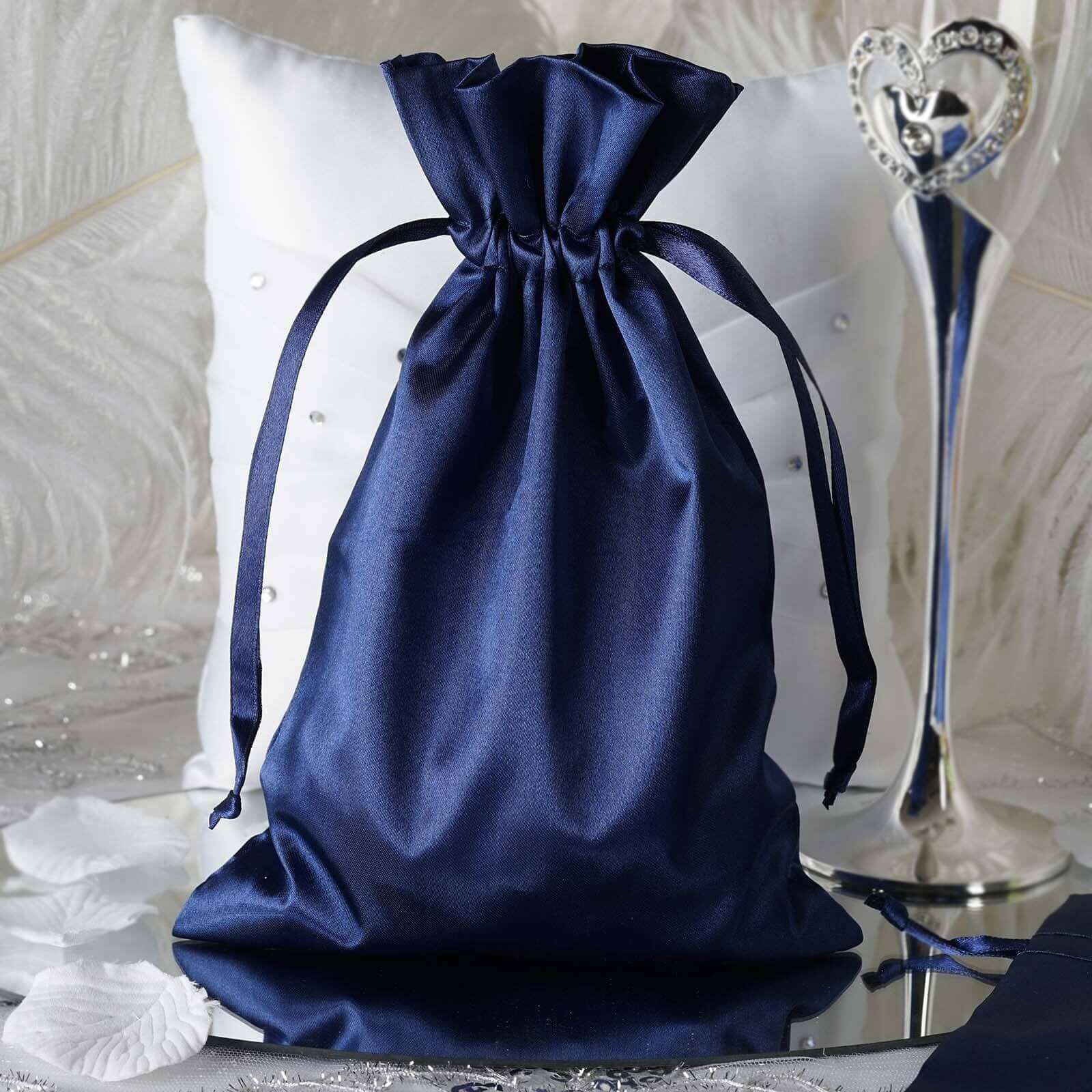 12 Pack 6"x9" Navy Blue Satin Wedding Party Favor Bags, Drawstring Pouch Gift Bags