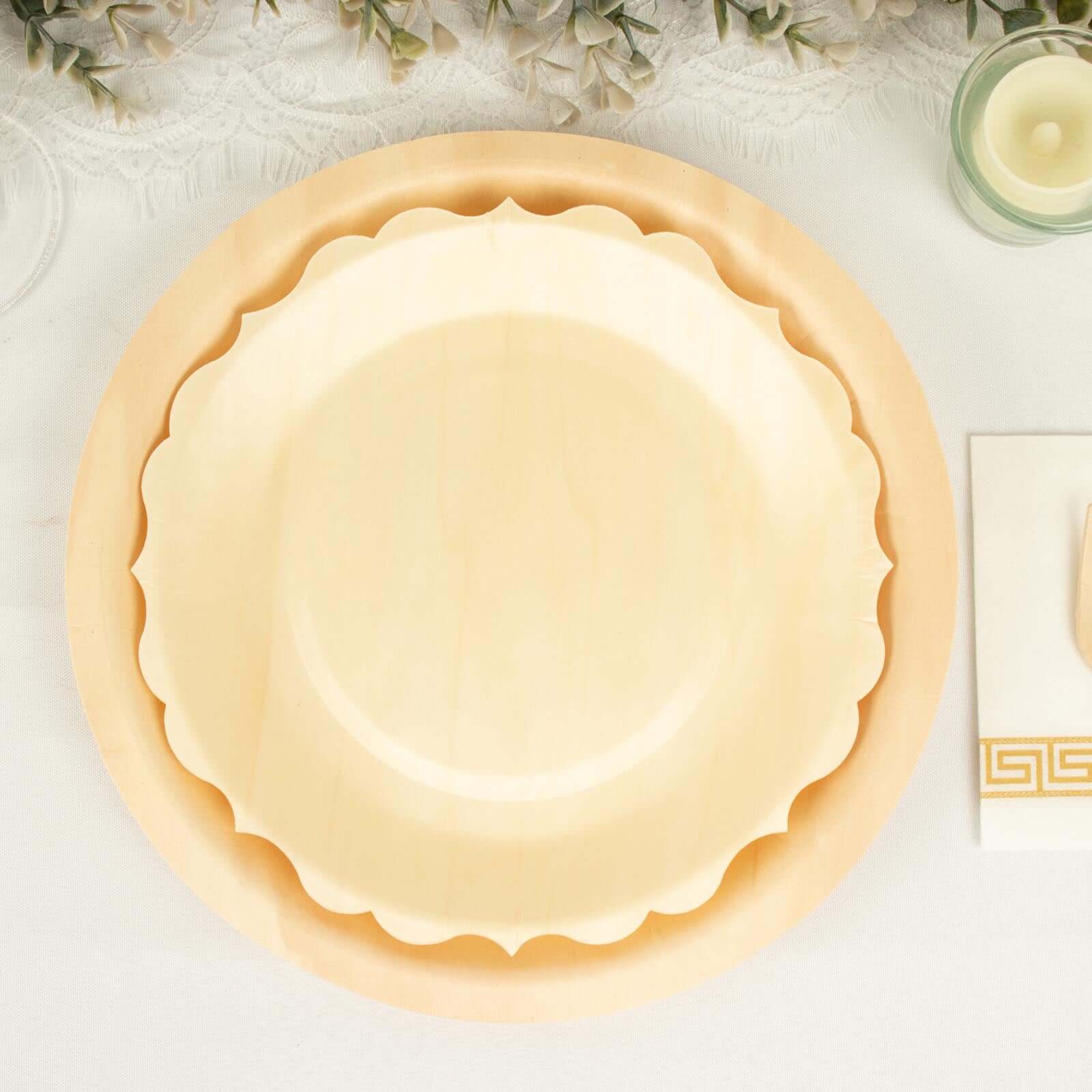 12-Pack Birchwood 9" Round Dinner Plates in Natural with Scalloped Rim - Eco Friendly Wooden Disposable Plates for Farmhouse-Style Events, Parties & Gatherings