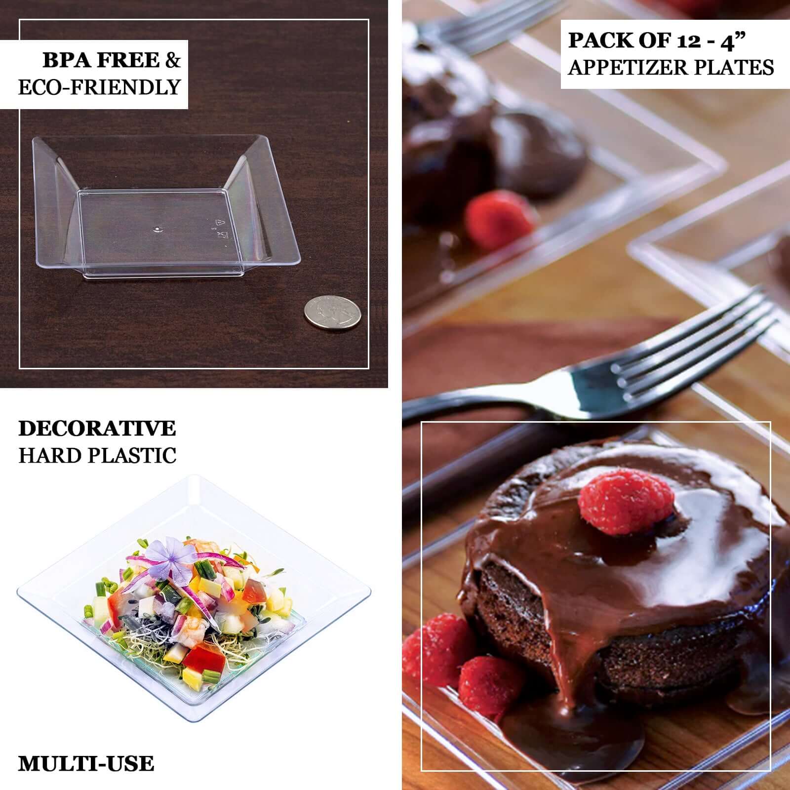 12 - Pack Appetizer Plates Mini Square Design Clear - Plastic Disposable Plates for Desserts 4" - NestOCart