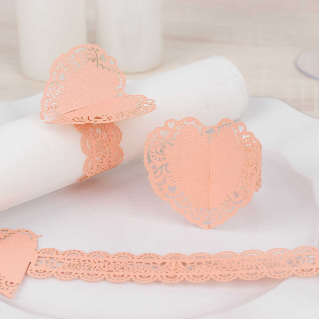 12 Pack Blush Shimmery Laser Cut Heart Paper Napkin Holders with Lace Pattern, Disposable Napkin Rings Bands - Bell Racket Store