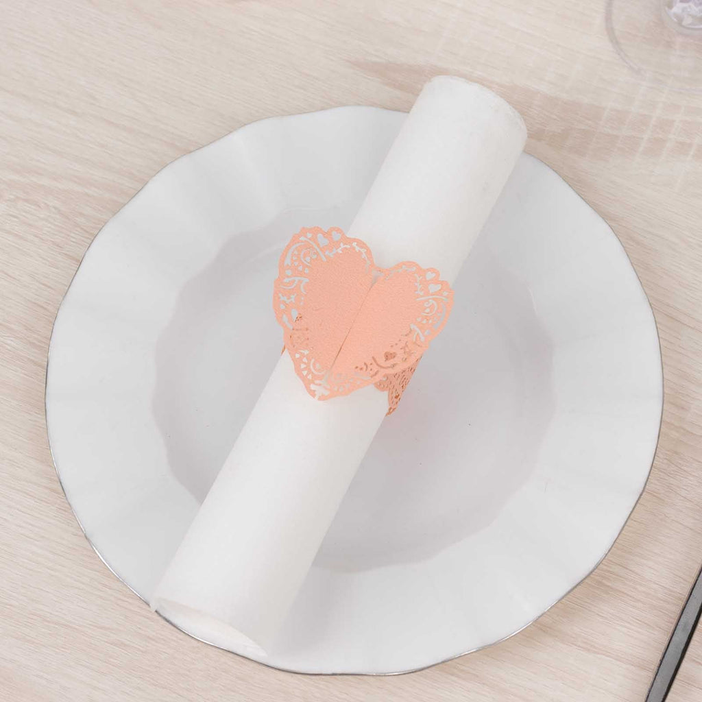 12 Pack Blush Shimmery Laser Cut Heart Paper Napkin Holders with Lace Pattern, Disposable Napkin Rings Bands - Bell Racket Store