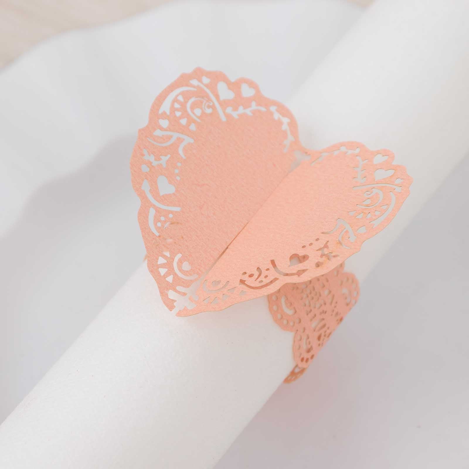 12 Pack Blush Shimmery Laser Cut Heart Paper Napkin Holders with Lace Pattern, Disposable Napkin Rings Bands - Bell Racket Store