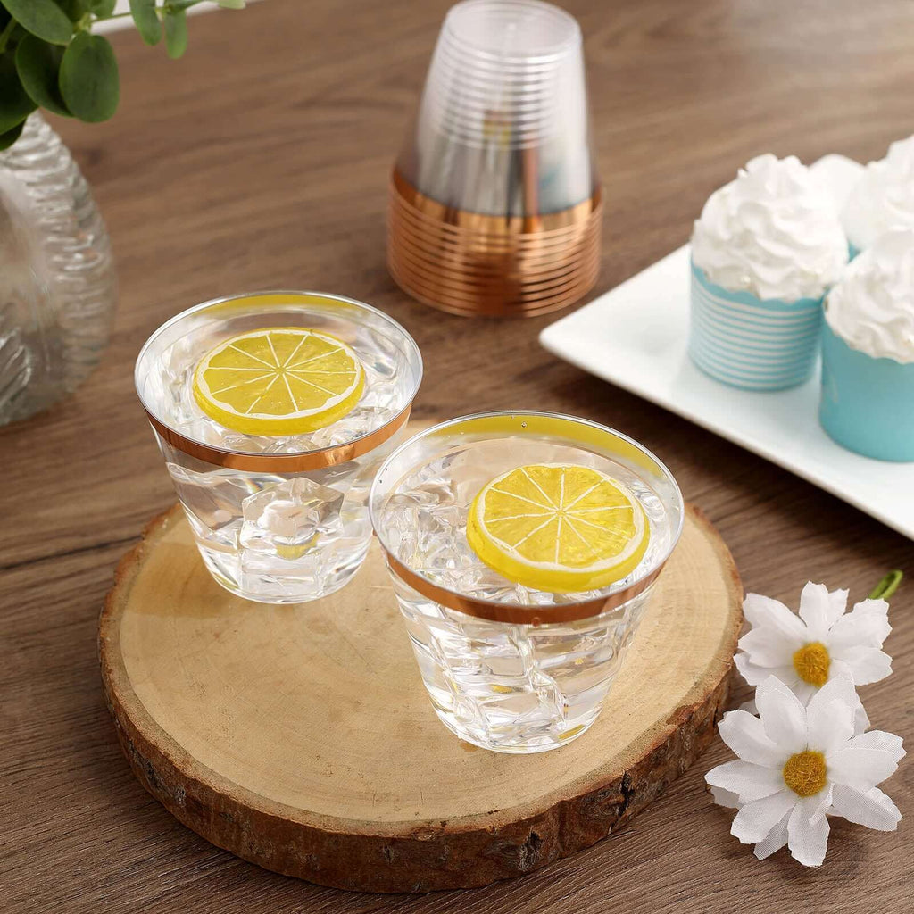 12-Pack Plastic Party Squat Cups Clear with Rose Gold Rim - Stylish Disposable Tumblers for Banquets & Special Occasions 10oz