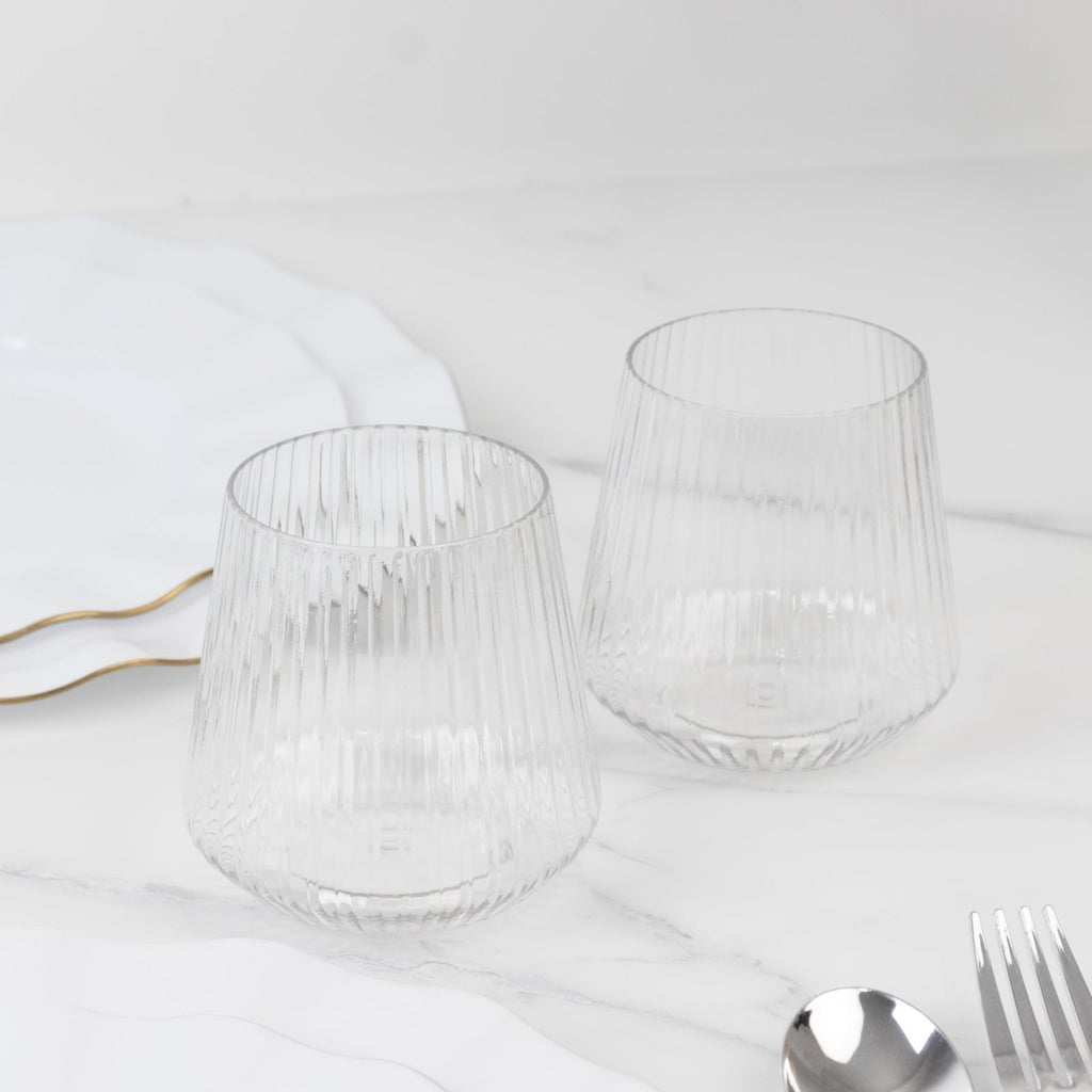 12 - Pack Clear Plastic Stemless Wine Glasses â€“ 12oz Ribbed Design, Reusable Shatterproof Cocktail Tumblers - Bell Racket Store