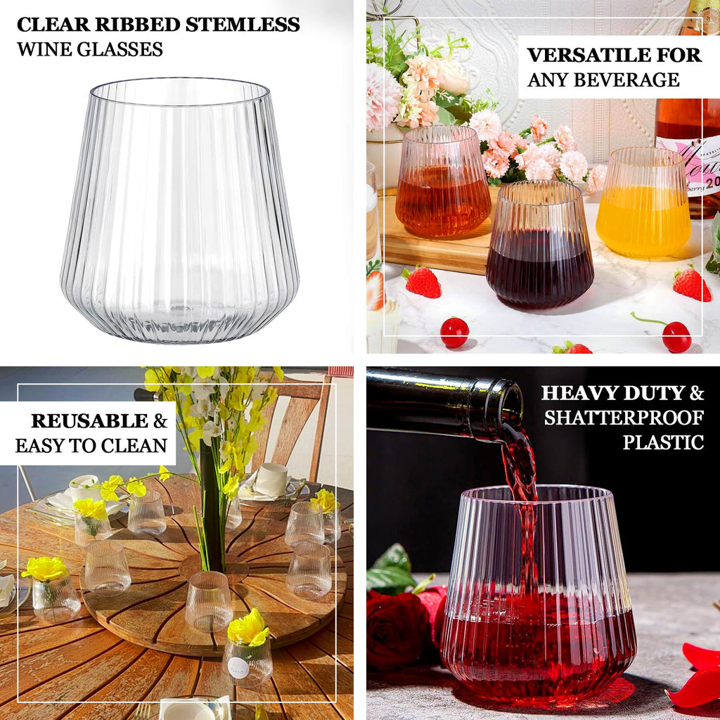 12 - Pack Clear Plastic Stemless Wine Glasses â€“ 12oz Ribbed Design, Reusable Shatterproof Cocktail Tumblers - Bell Racket Store