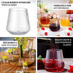 12 - Pack Clear Plastic Stemless Wine Glasses â€“ 12oz Ribbed Design, Reusable Shatterproof Cocktail Tumblers - Bell Racket Store