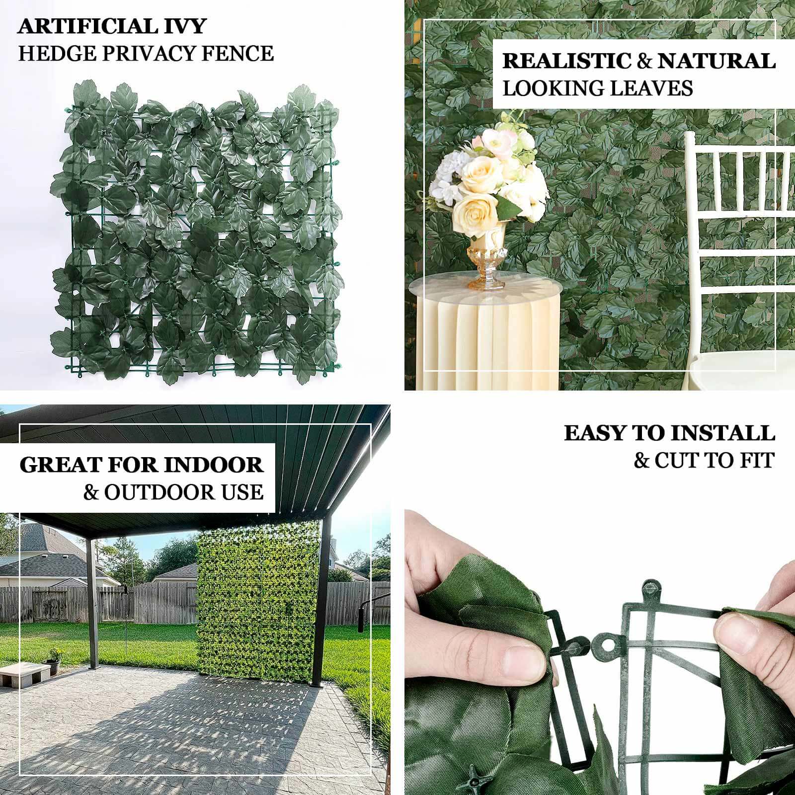 12 Pack Dark Green Artificial Ivy Hedge Privacy Screen Fence Wall Panel, Faux Leaf Greenery Backdrop Garden Decor - 32 Sq. ft. - Bell Racket Store
