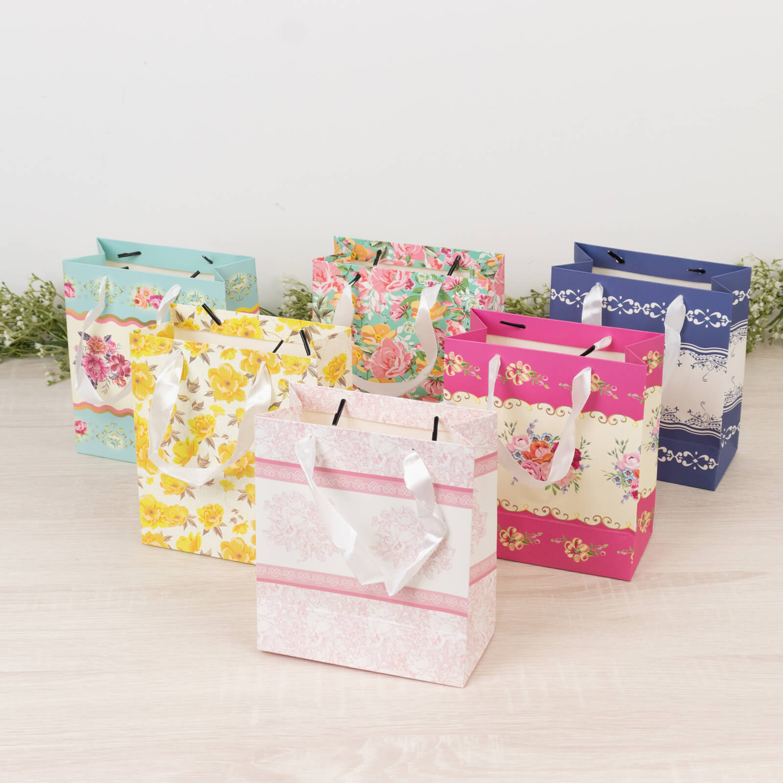 12 - Pack Favor Bags Mixed Vintage Floral Tea Party â€“ Paper Gift Bags with Ribbon Handles - Elegant Goodie Bags - 6"x7"x3" - Bell Racket Store