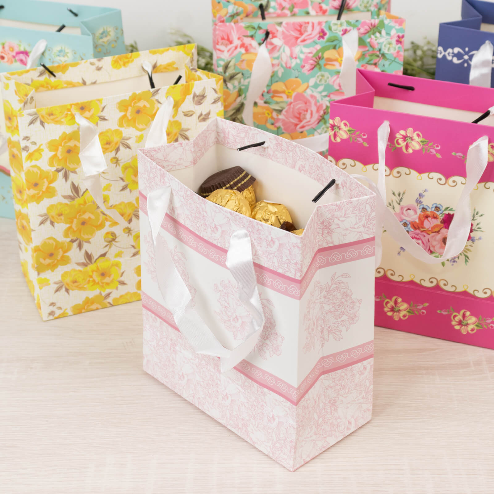 12 - Pack Favor Bags Mixed Vintage Floral Tea Party â€“ Paper Gift Bags with Ribbon Handles - Elegant Goodie Bags - 6"x7"x3" - Bell Racket Store