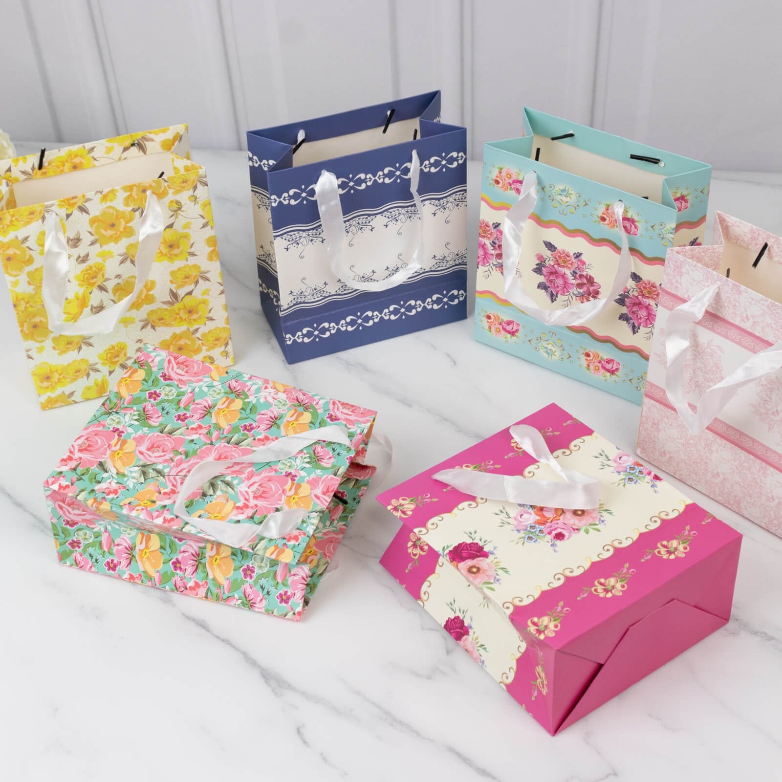 12 - Pack Favor Bags Mixed Vintage Floral Tea Party â€“ Paper Gift Bags with Ribbon Handles - Elegant Goodie Bags - 6"x7"x3" - Bell Racket Store