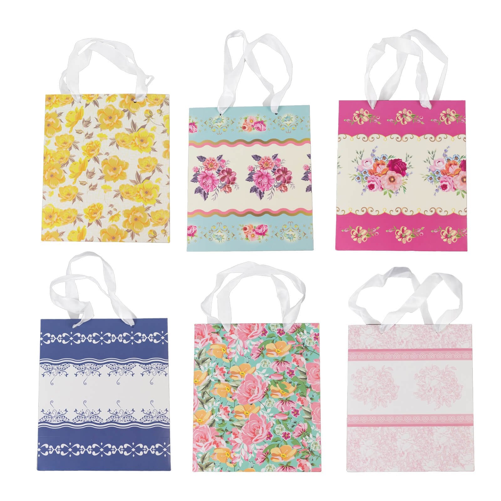 12 - Pack Favor Bags Mixed Vintage Floral Tea Party â€“ Paper Gift Bags with Ribbon Handles - Elegant Goodie Bags - 6"x7"x3" - Bell Racket Store
