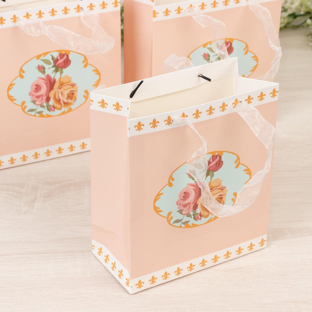 12 - Pack Favor Bags Vintage Rose Floral Tea Party, Dusty Rose Paper Goodie Gift Bags with Ribbon Handles, 6"x7"x3" - Bell Racket Store