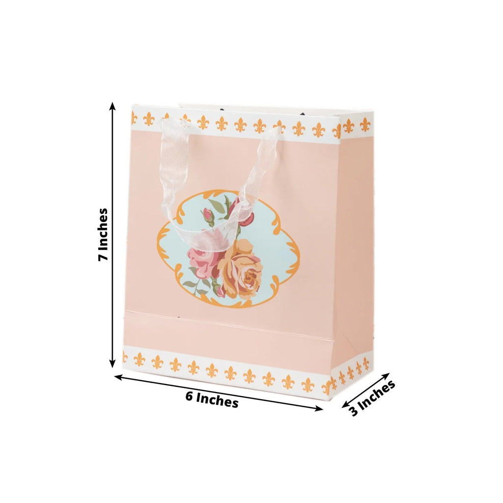 12 - Pack Favor Bags Vintage Rose Floral Tea Party, Dusty Rose Paper Goodie Gift Bags with Ribbon Handles, 6"x7"x3" - Bell Racket Store