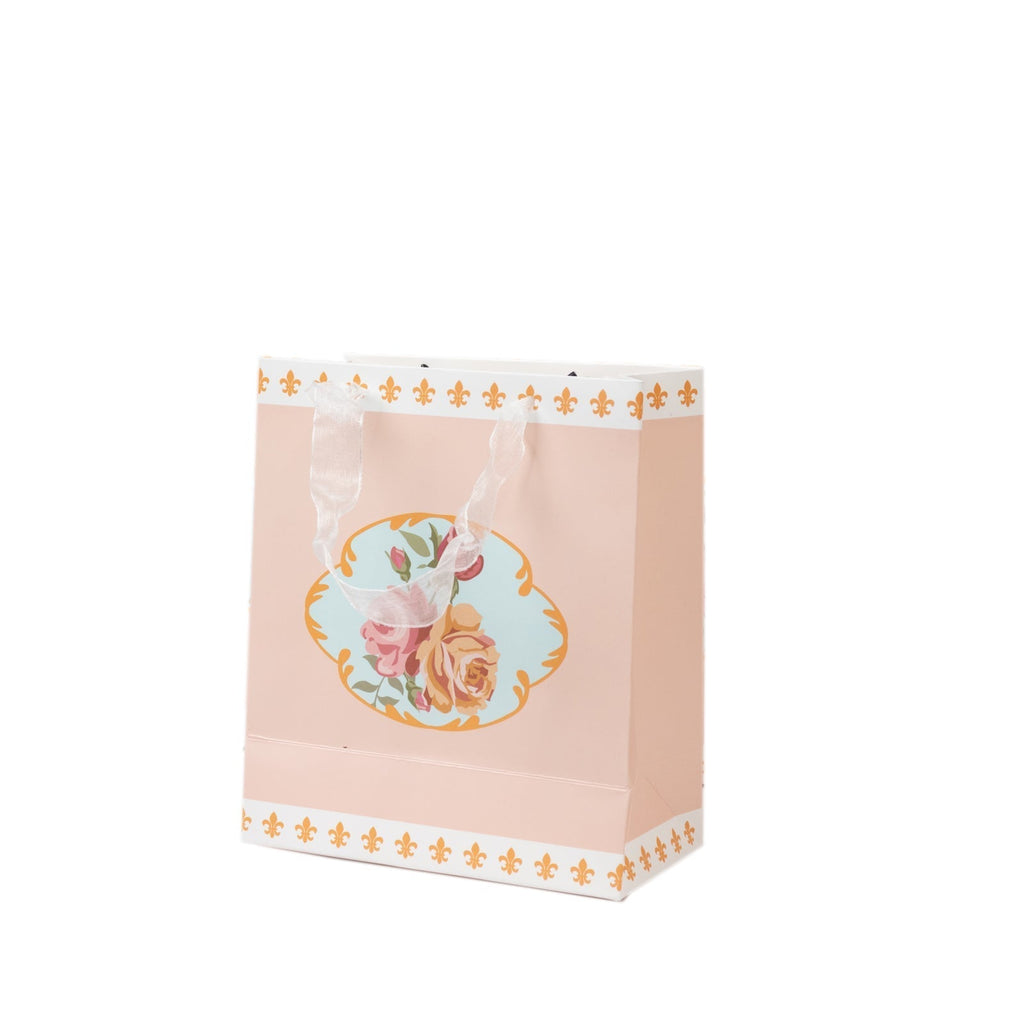 12 - Pack Favor Bags Vintage Rose Floral Tea Party, Dusty Rose Paper Goodie Gift Bags with Ribbon Handles, 6"x7"x3" - Bell Racket Store