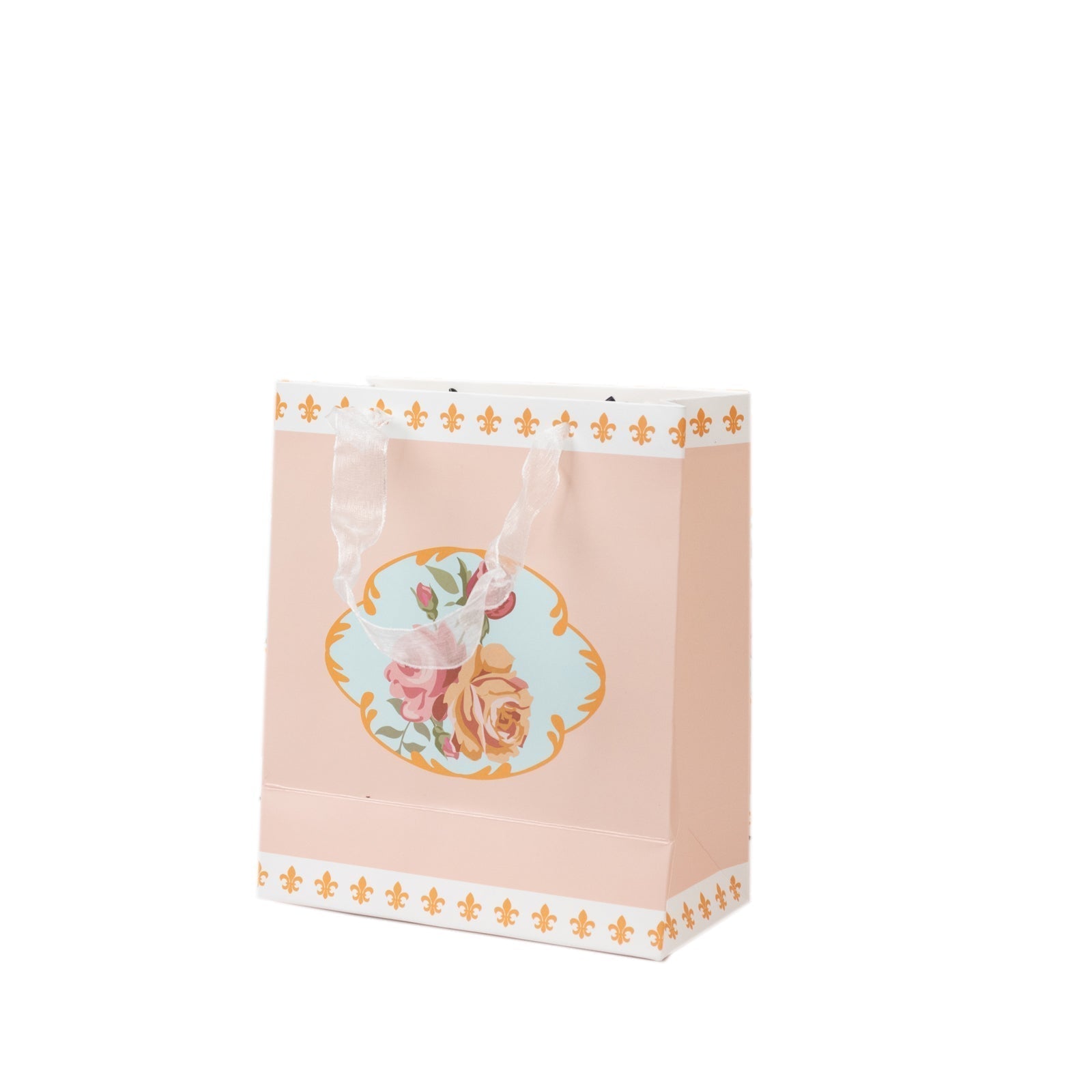 12 - Pack Favor Bags Vintage Rose Floral Tea Party, Dusty Rose Paper Goodie Gift Bags with Ribbon Handles, 6"x7"x3" - Bell Racket Store