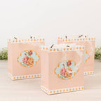 12 - Pack Favor Bags Vintage Rose Floral Tea Party, Dusty Rose Paper Goodie Gift Bags with Ribbon Handles, 6"x7"x3" - Bell Racket Store