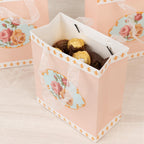 12 - Pack Favor Bags Vintage Rose Floral Tea Party, Dusty Rose Paper Goodie Gift Bags with Ribbon Handles, 6"x7"x3" - Bell Racket Store