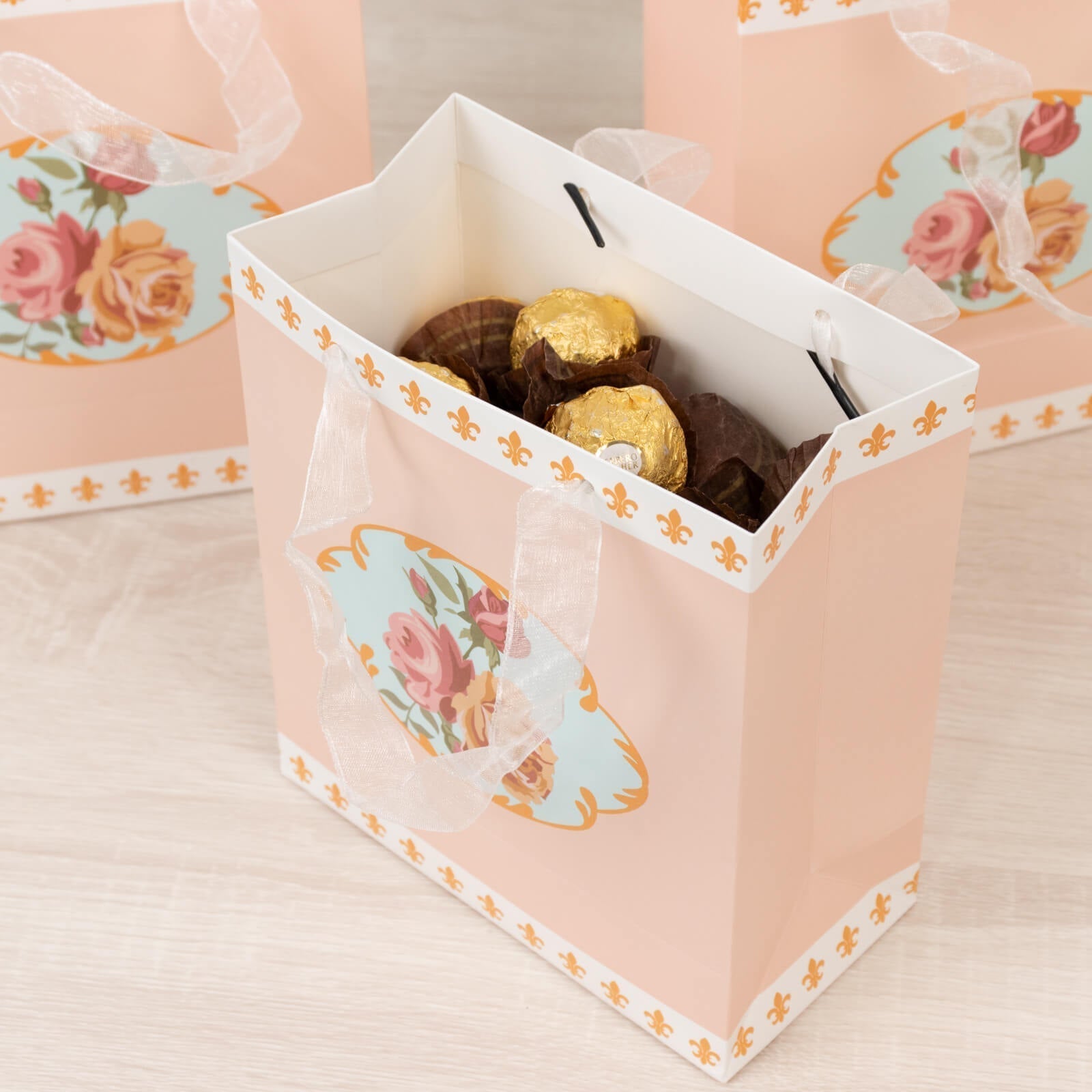 12 - Pack Favor Bags Vintage Rose Floral Tea Party, Dusty Rose Paper Goodie Gift Bags with Ribbon Handles, 6"x7"x3" - Bell Racket Store