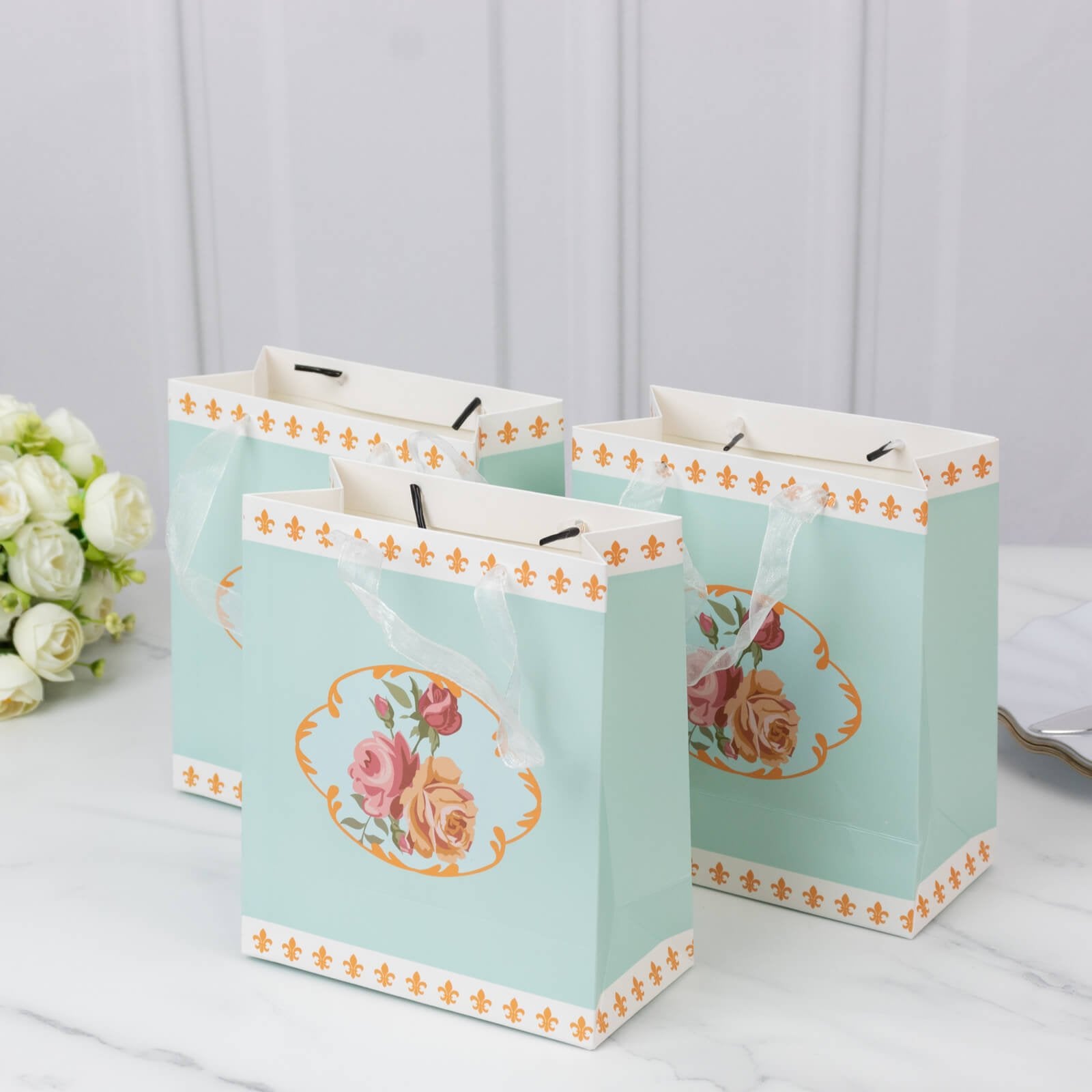 12 - Pack Favor Bags Vintage Rose Floral Tea Party, Turquoise Paper Goodie Gift Bags with Ribbon Handles, 6"x7"x3" - Bell Racket Store