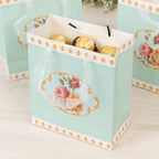 12 - Pack Favor Bags Vintage Rose Floral Tea Party, Turquoise Paper Goodie Gift Bags with Ribbon Handles, 6"x7"x3" - Bell Racket Store