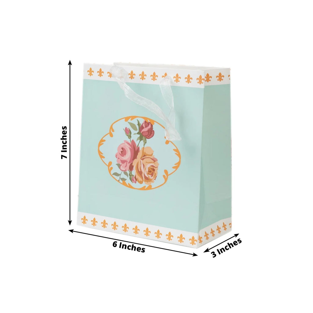 12 - Pack Favor Bags Vintage Rose Floral Tea Party, Turquoise Paper Goodie Gift Bags with Ribbon Handles, 6"x7"x3" - Bell Racket Store