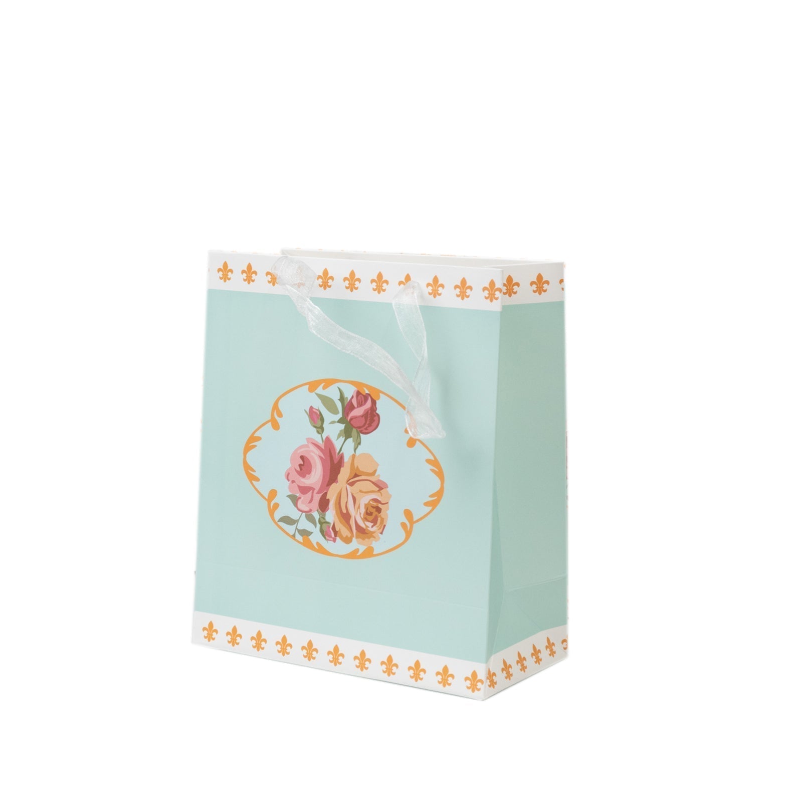 12 - Pack Favor Bags Vintage Rose Floral Tea Party, Turquoise Paper Goodie Gift Bags with Ribbon Handles, 6"x7"x3" - Bell Racket Store