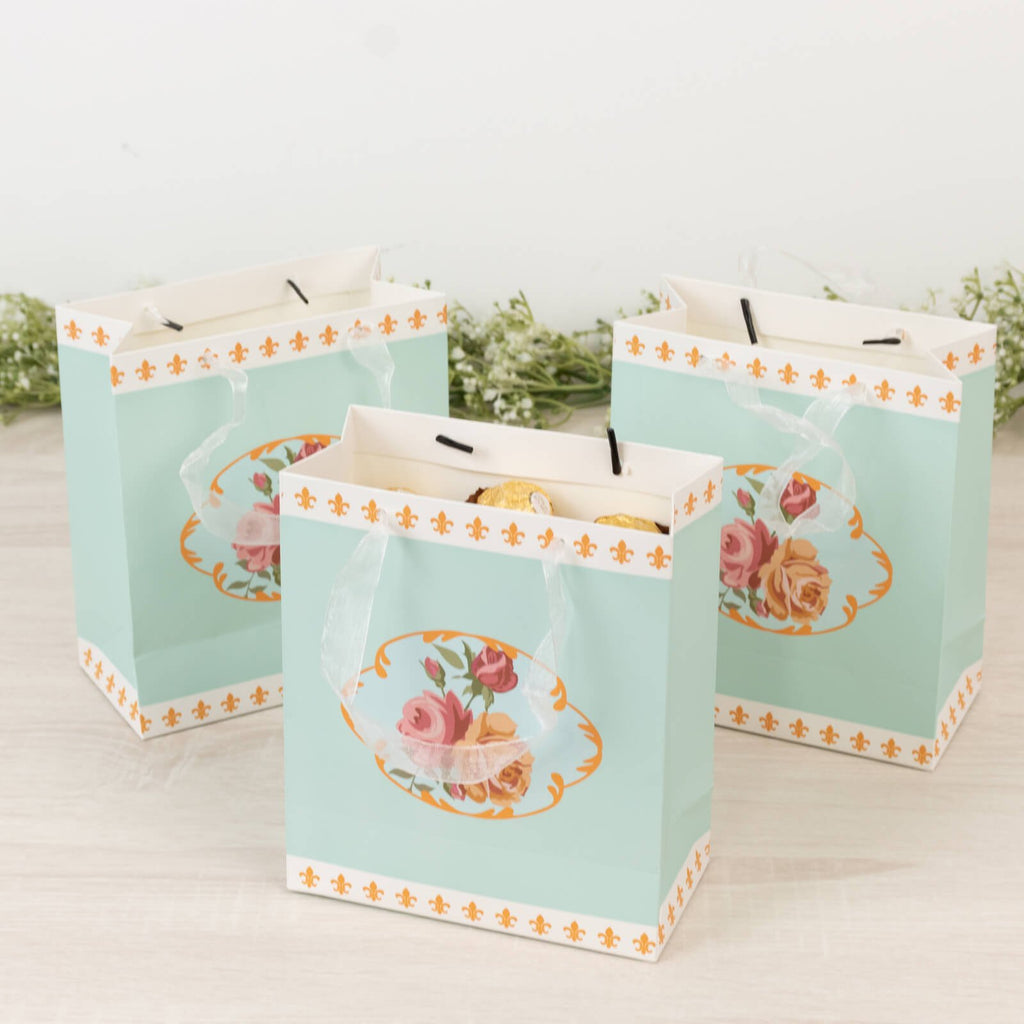 12 - Pack Favor Bags Vintage Rose Floral Tea Party, Turquoise Paper Goodie Gift Bags with Ribbon Handles, 6"x7"x3" - Bell Racket Store