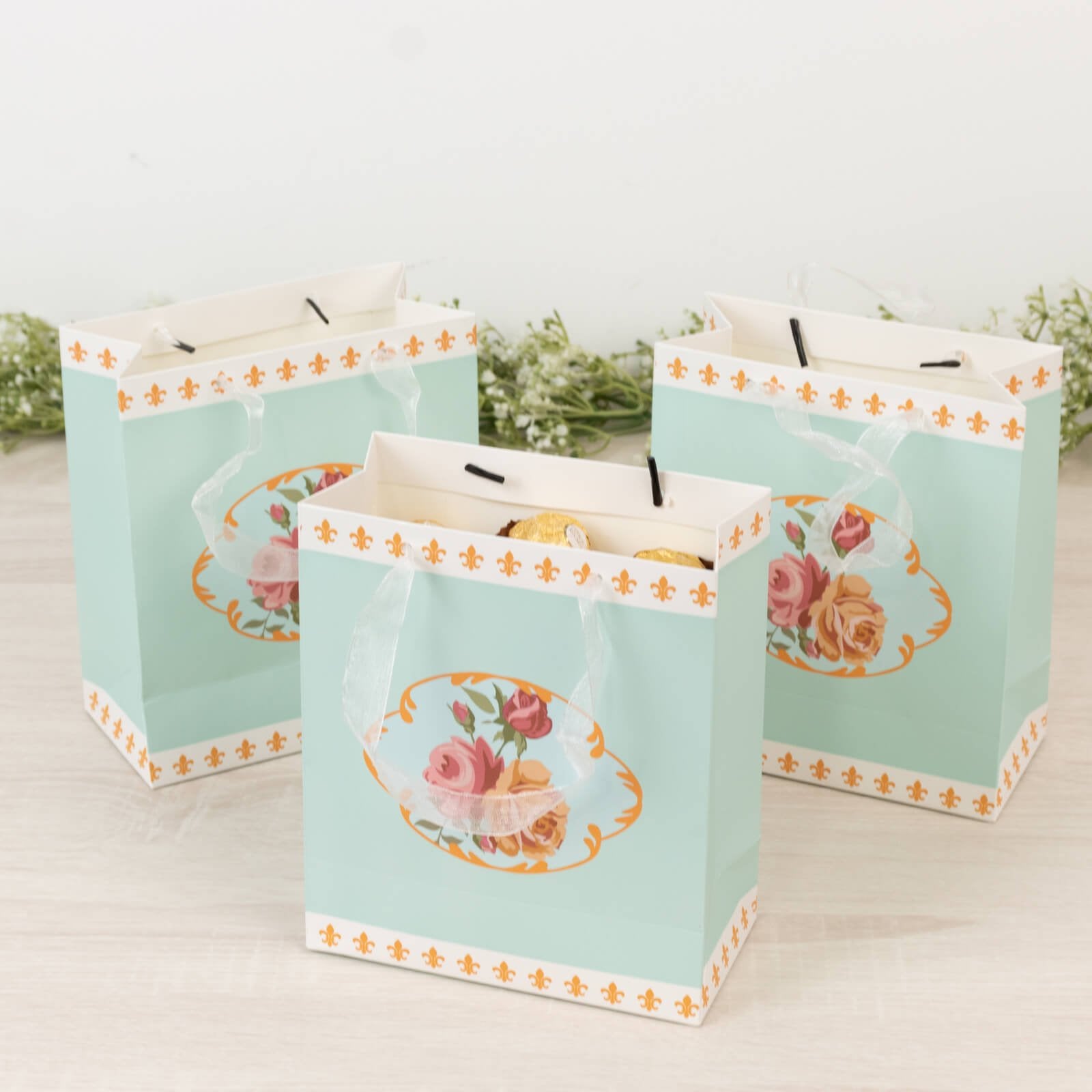12 - Pack Favor Bags Vintage Rose Floral Tea Party, Turquoise Paper Goodie Gift Bags with Ribbon Handles, 6"x7"x3" - Bell Racket Store