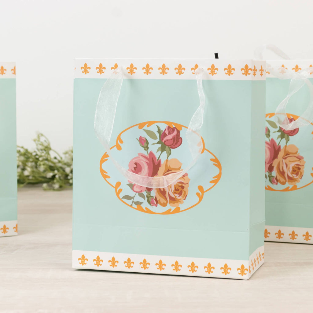 12 - Pack Favor Bags Vintage Rose Floral Tea Party, Turquoise Paper Goodie Gift Bags with Ribbon Handles, 6"x7"x3" - Bell Racket Store