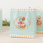 12 - Pack Favor Bags Vintage Rose Floral Tea Party, Turquoise Paper Goodie Gift Bags with Ribbon Handles, 6"x7"x3" - Bell Racket Store