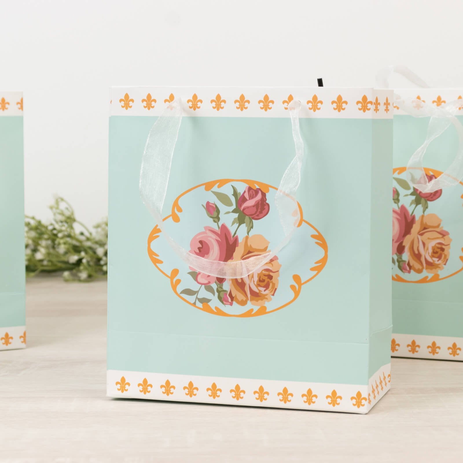 12 - Pack Favor Bags Vintage Rose Floral Tea Party, Turquoise Paper Goodie Gift Bags with Ribbon Handles, 6"x7"x3" - Bell Racket Store