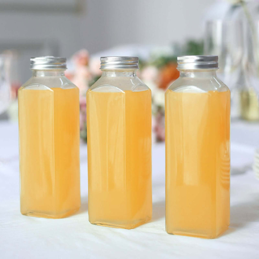 12 - Pack Glass Jars French Square Design Clear with Aluminum Caps - Refillable Storage Bottles for Pantry & Organization 7" 12oz - Bell Racket Store